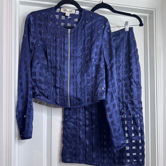 Diane Von Furstenberg DVF Dark Blue Sheer Jacket & Lined Skirt Coordinate Suit - Picture 1 of 14